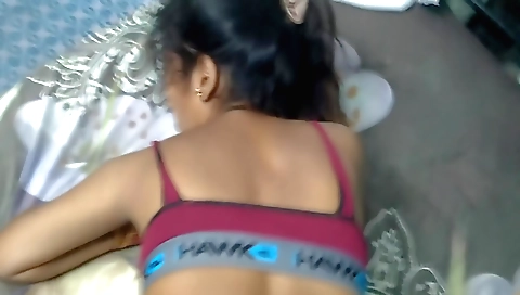 Brunette girl is on the bed and making out in amateur pov