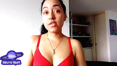 Latina brunette masturbates her pussy with a huge dildo