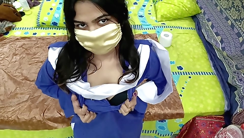 Schoolgirl masturbating with her dildo in school uniforms