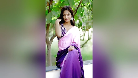 Indian brunette stepmom enjoying alone in backyard