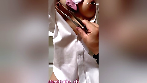 Teen girl with a sexy ass is training her natural tits