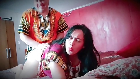 Very hot brunette with a great body and a hot sex with her stepmom