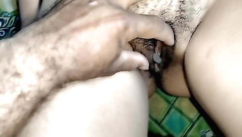 My pussy is sucking and fucking my lover's hairy cock