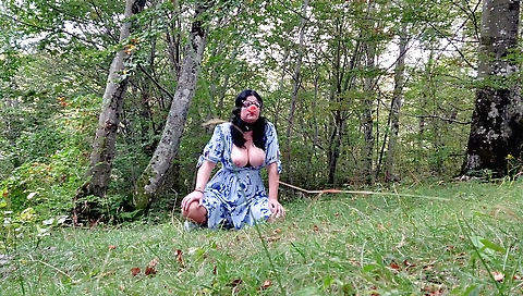 Big tits brunette playing with her hairy cunt outdoors